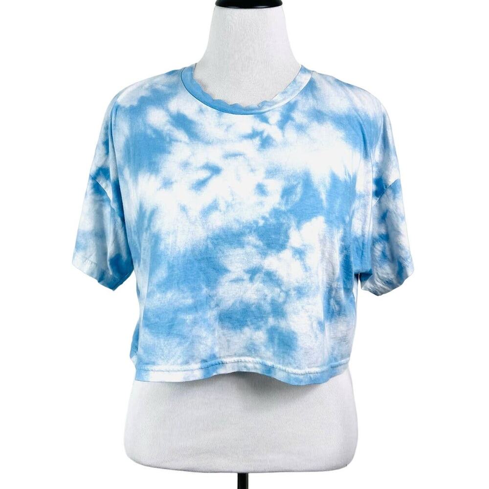 Gianni Bini Size XL Crop Tee Shirt Short Sleeve Tie Dye Blue White